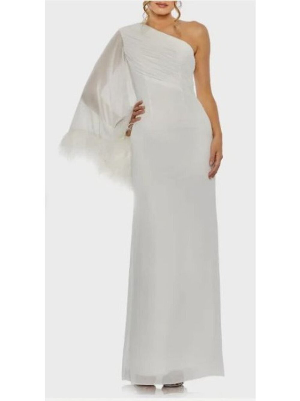 Mac Duggal White Feather One Shoulder Maxi Dress Gown Size 10 New